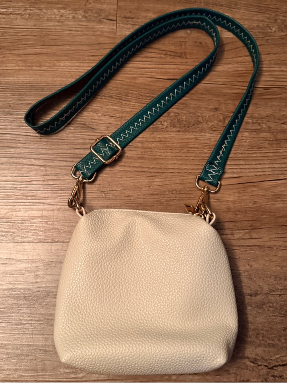 Cream Pebbled Crossbody Bag with Teal Strap
